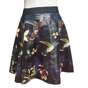ALICE + OLIVIA BLACK LEATHER MULTICOLOR BIRD FLORAL PRINT A LINE MINI SKIRT 2